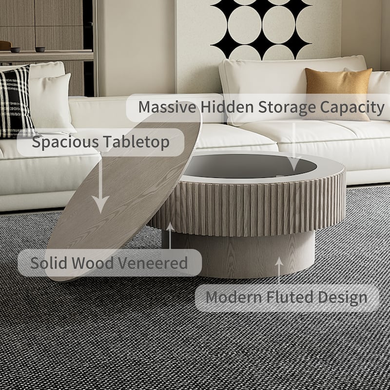Modern 31.5" Round Coffee Table with Storage Solid Wood Veneer for Living Room and Bedroom Use