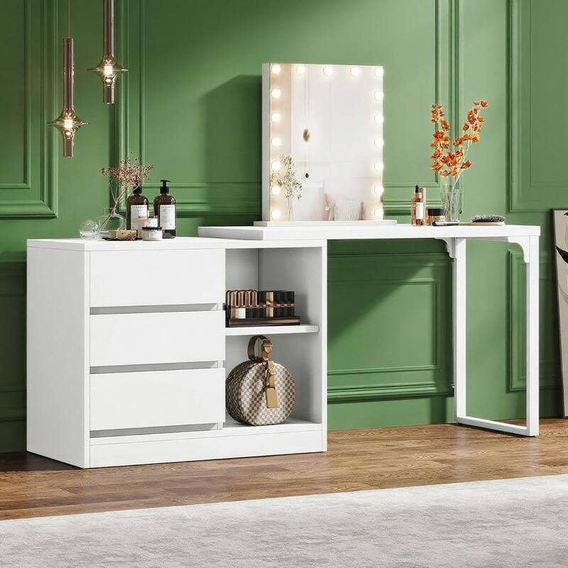 White L-Shaped Computer Desk with Storage Cabinet and 3 Drawers Shelves and Reversible Design - 39.37”L x 31.5”W x 30.50”H