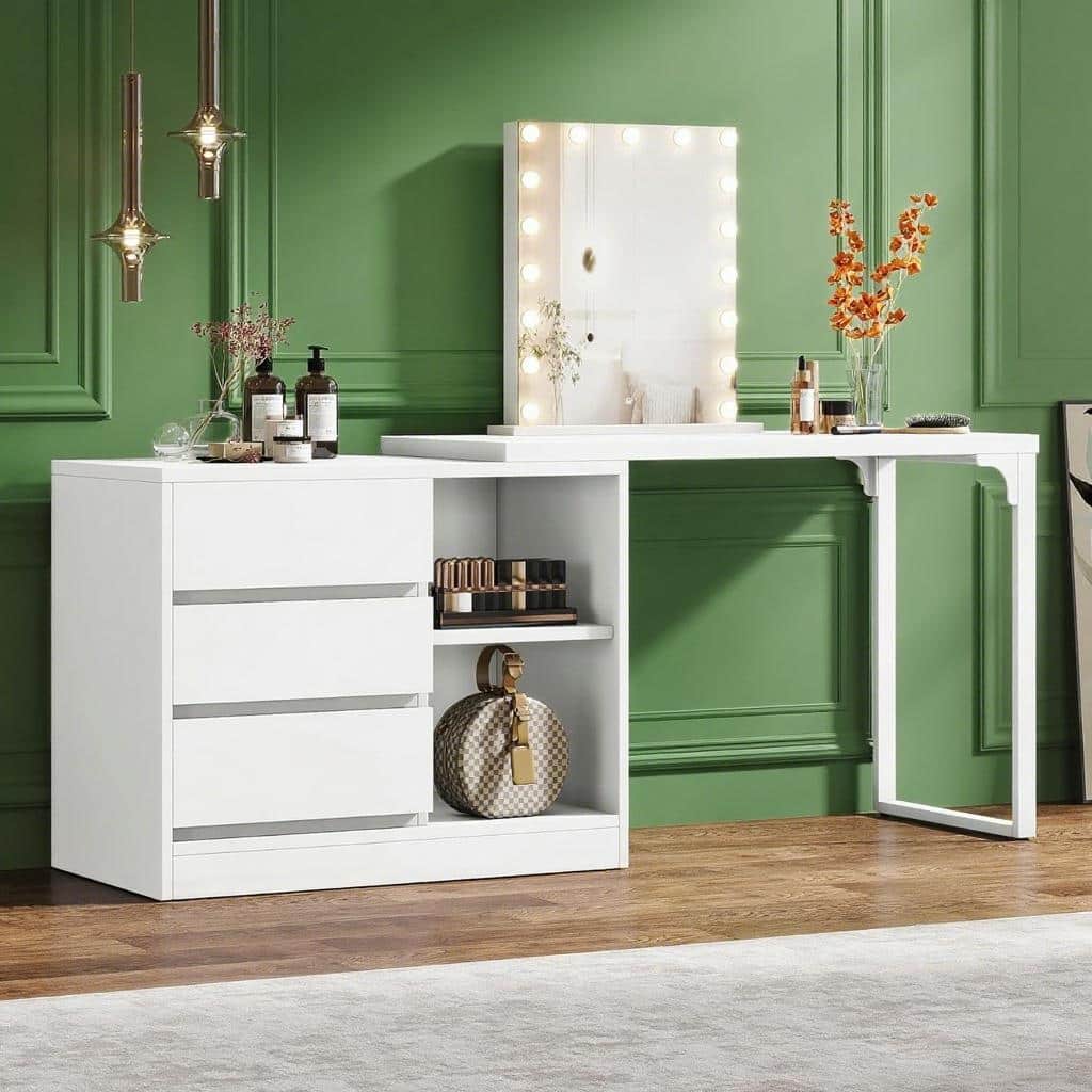White L-Shaped Computer Desk with Storage Cabinet and 3 Drawers Shelves and Reversible Design - 39.37”L x 31.5”W x 30.50”H
