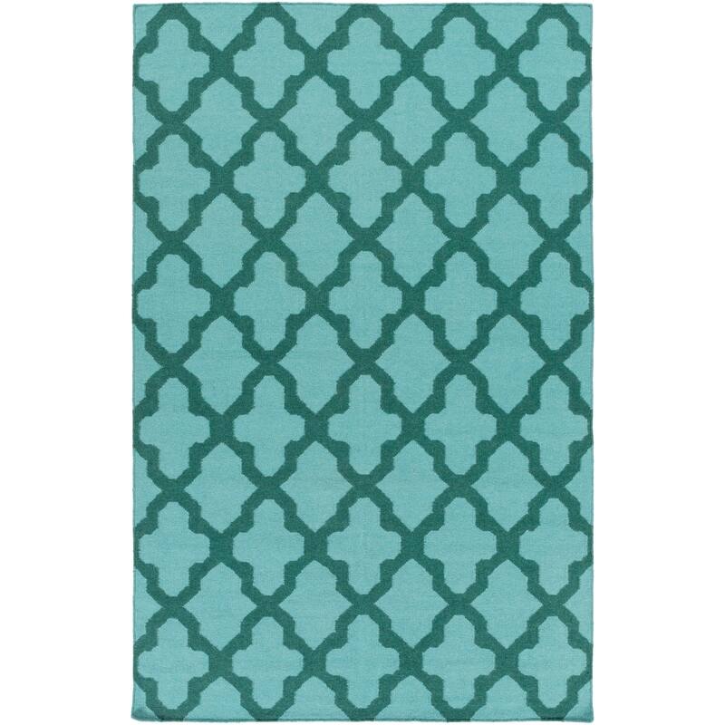 Hand-Woven Ashley Lattice Reverisble Flatweave Wool Area Rug - 5' x 8' - Aqua