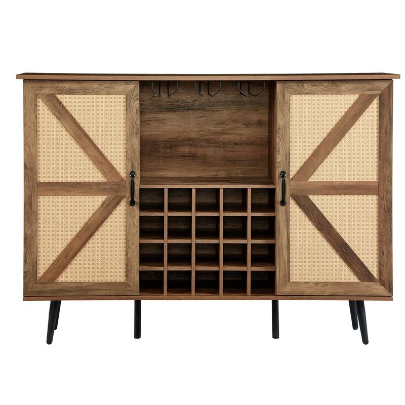 Faux Rattan Barn Door Wine Cabinet with Wine Rack and Wine Glass Rack