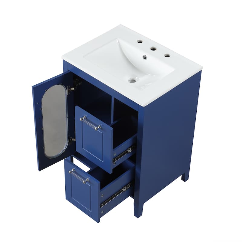 GDFStudio - Emma 24-Inch Bathroom Vanity with Ceramic Sink, Moru Glass Door and Adjustable Storage
