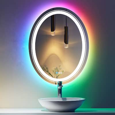 Oval Frameless RGB Backlit and LED Frontlit Anti-Fog Bathroom Vanity Mirror in Tempered Glass