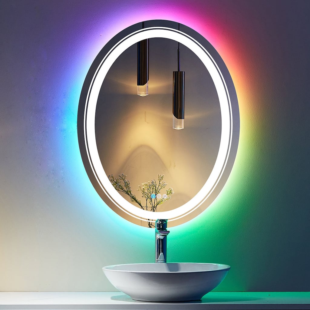 Oval Frameless RGB Backlit and LED Frontlit Anti-Fog Bathroom Vanity Mirror in Tempered Glass