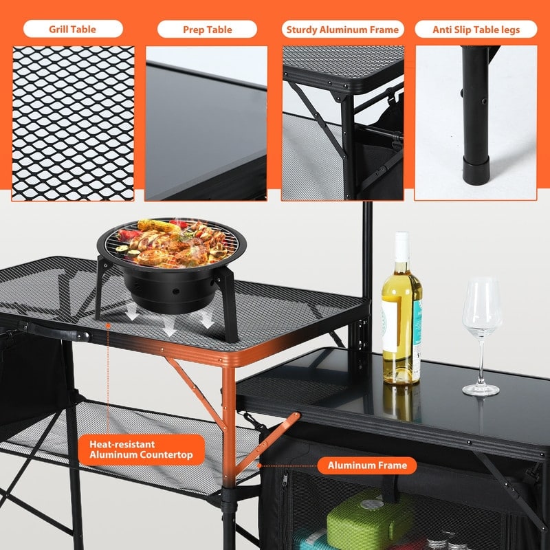 Portable Folding Camping Kitchen Table with Storage Organizer, Light Pole, Side Bag & Hooks for Outdoor Cooking