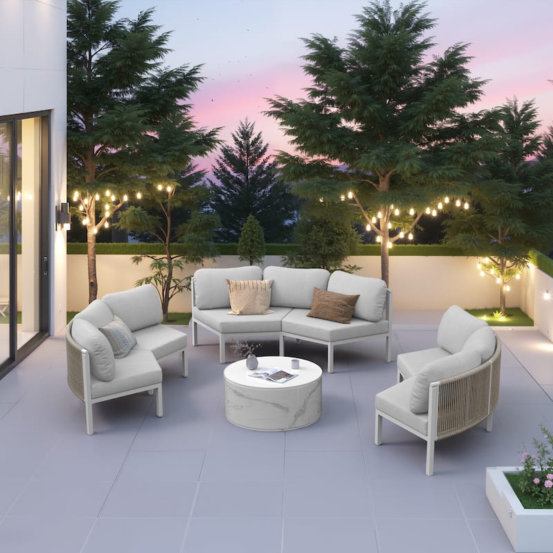 Outdoor Patio Furniture PE Rattan Wicker Half Round Curved Sofa Sectional Set - Light Grey - 6PC