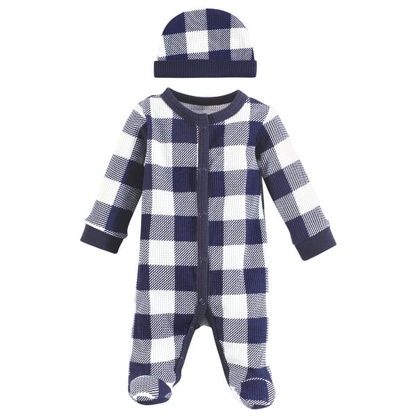 slide 1 of 1, Hudson Baby Boys Thermal Preemie Sleep and Play and Cap, Navy Plaid, Preemie - Navy Plaid Preemie - Navy Plaid