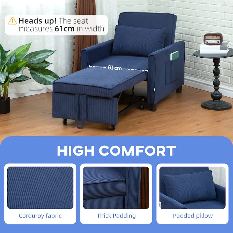 Blue Corduroy Chair Bed 3 in 1 Convertible Recliner Lounge Chair Sofa Bed with Padded Mattress and Pillow