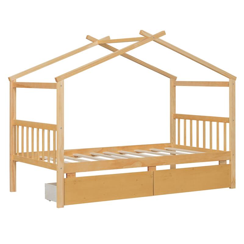 Twin Size Wooden House Bed with Drawers, 79.5"L x 41.5"W x 63.1"H, Natural