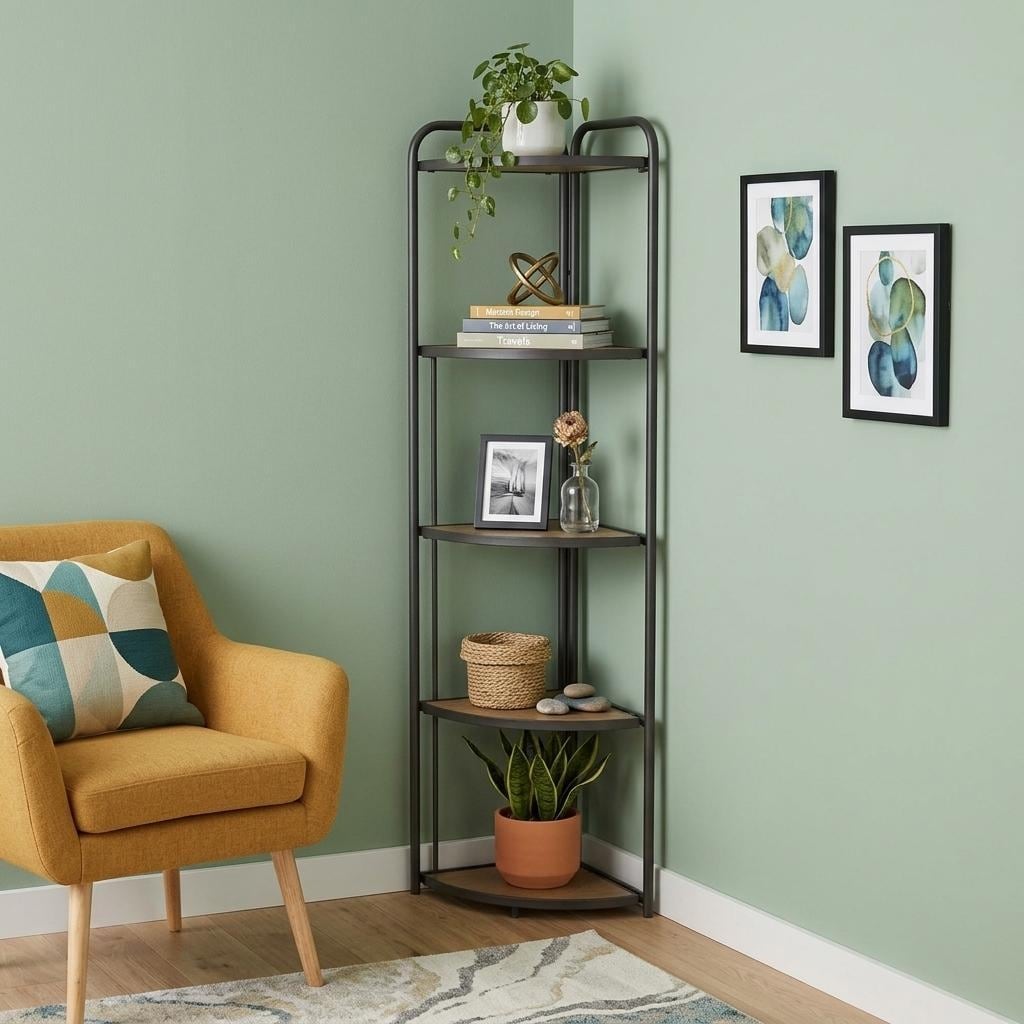 HomeRoots 62" Black And Brown Metal and Wood Five Tier Corner Bookcase