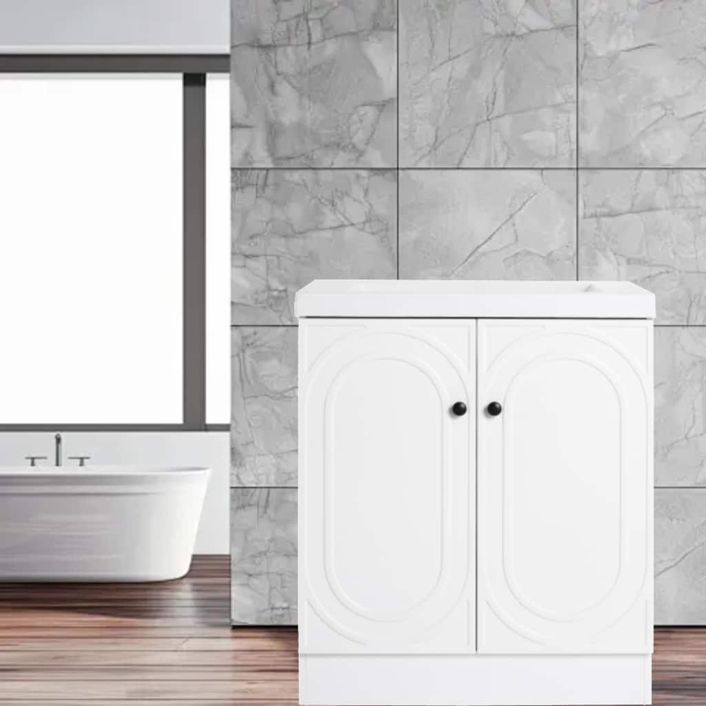 Modern 30" Bathroom Vanity with White Resin Sink, Soft-Close Doors & Customizable Metal Handles