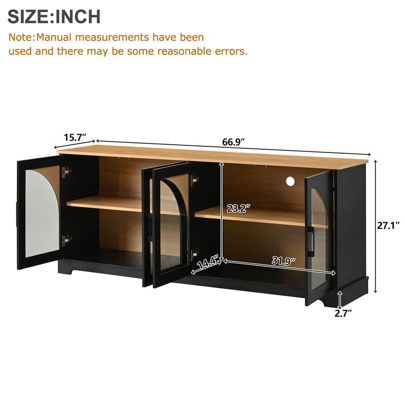 Farmhouse TV Stand for TVs up to 70" with Semi-Arched Glass Doors, Two-Tone Media Console with Adjustable Shelves