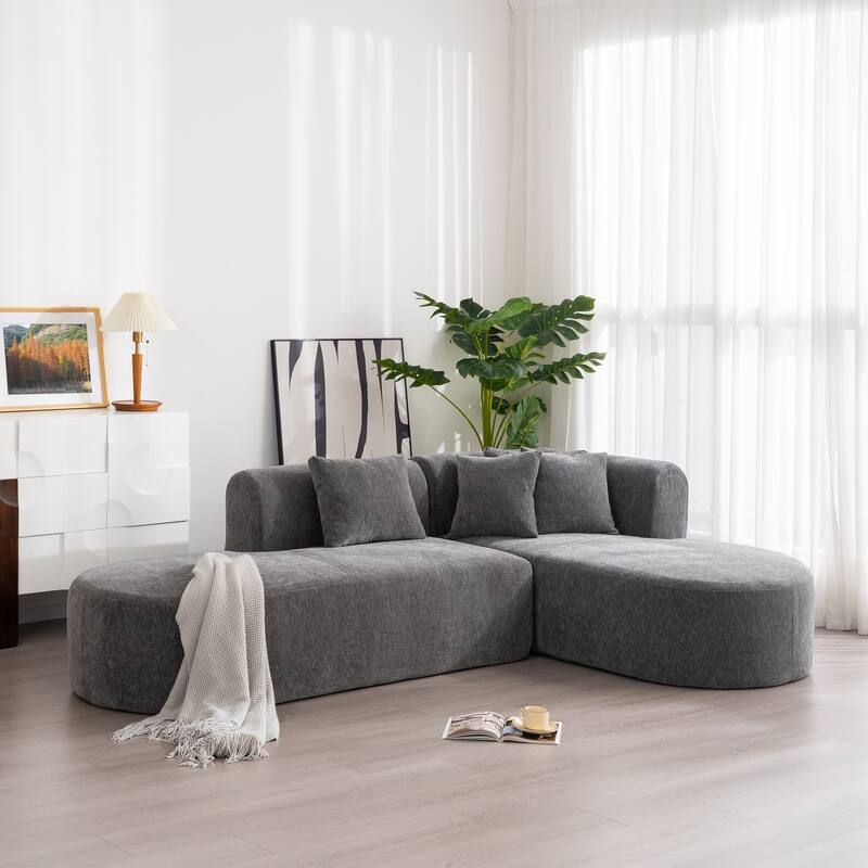 Curved Sectional Sofa with L-Shaped Chaise Lounge, Chenille Upholstered Cloud Sofa, 4 Seater Floor Sofa with 4 Pillows
