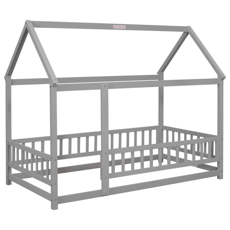 Full/Twin Size Wooden Bed with House Roof Frame and Fence Guardrails