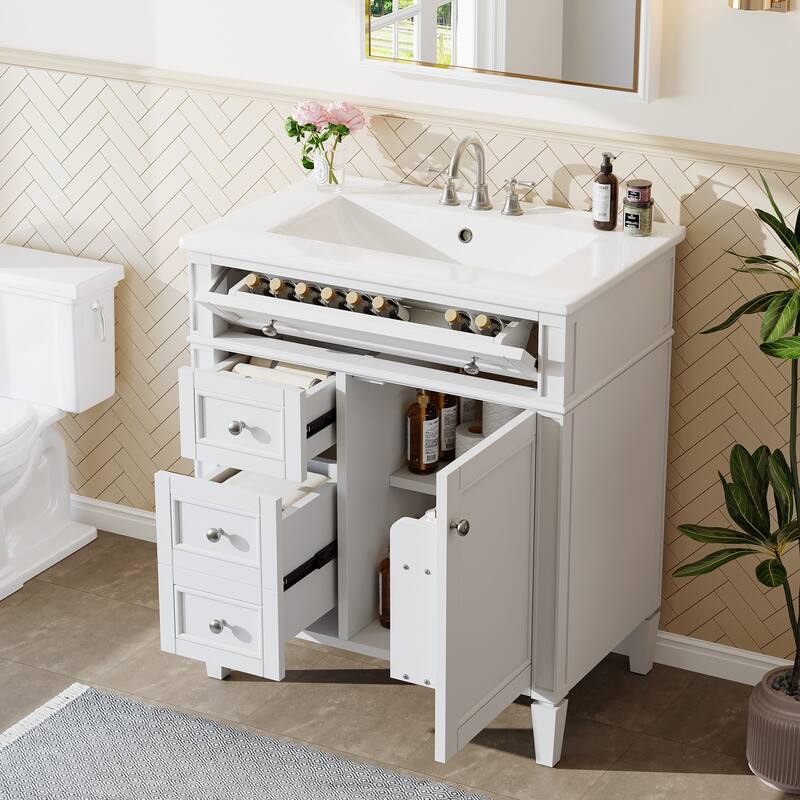 36" Bathroom Vanity with Sink, Modern Bathroom Sink Cabinet with 4 Drawers & 2 Doors, Solid Wood Frame