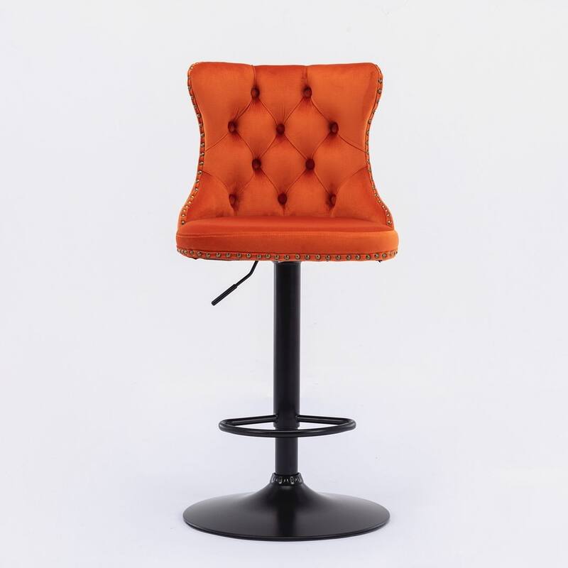 Bar stools with Backs Luxurious Velvet Swivel - Adjustable Height, Set of 2 - Black + Orange