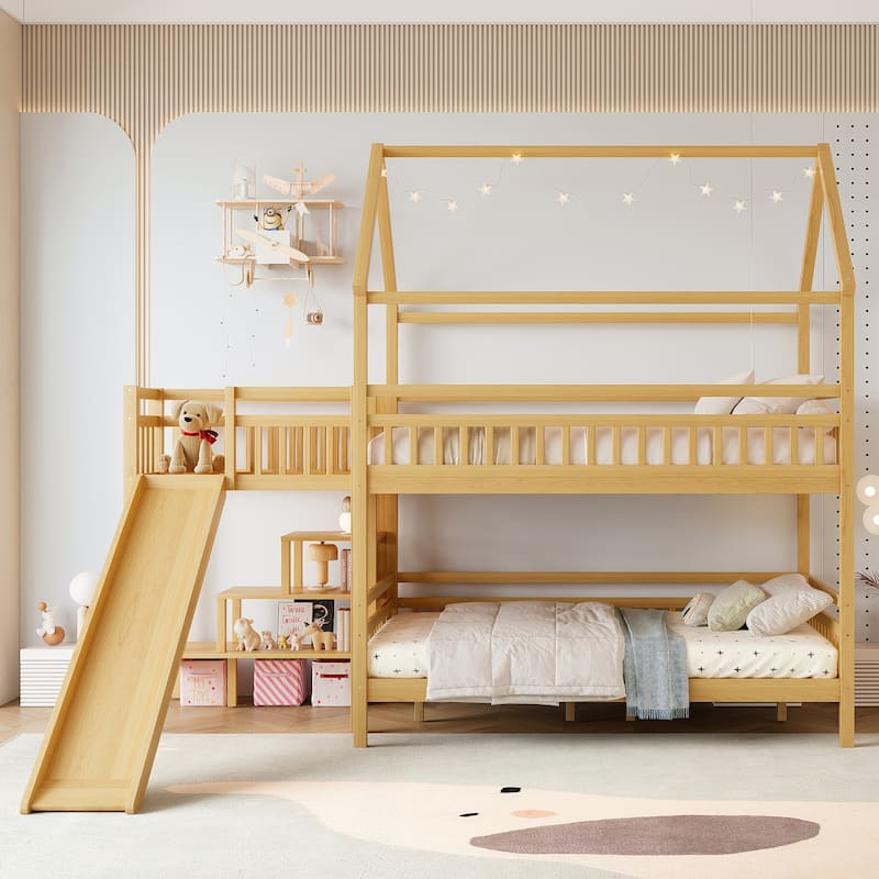 Full/Twin House-Shaped Bunk Bed with Slide & Storage Stairs, Playhouse Bed with Two Placement Methods