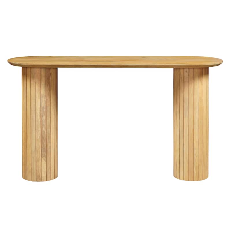 Cleo 54 Inch Sofa Console Table, Rounded Corners, Ribbed Pillar Legs, Golden Oak Brown Mango Wood