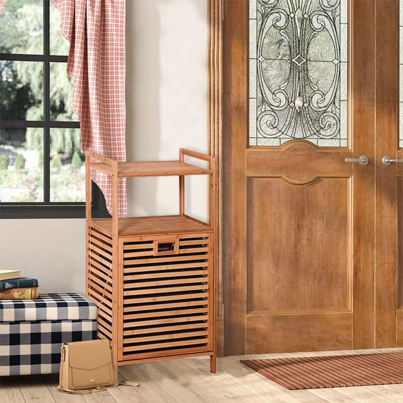 Natural Tilt-Out Bamboo Laundry Hamper with 2-tier Shelf - Brown
