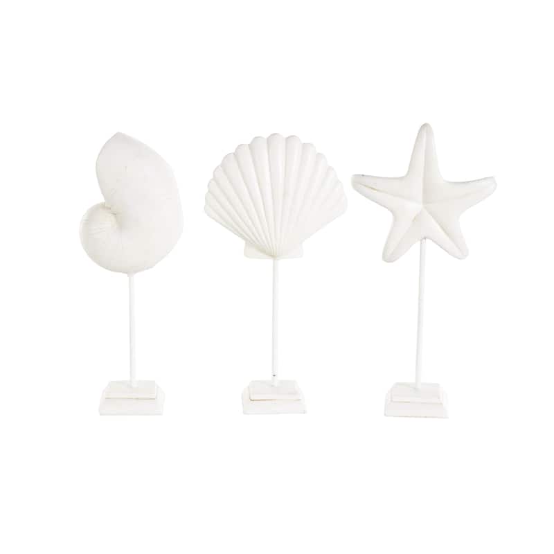 White Polystone Shell and Starfish Sea Life Decorative Sculpture with Blue Coral Patterns (Set of 3)