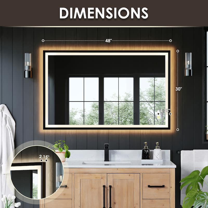 Apollo Rectangular Anti-Fog Dimmable Modern Bathroom/Vanity LED Lighted Wall Mirror in Matte Black Aluminum Framed