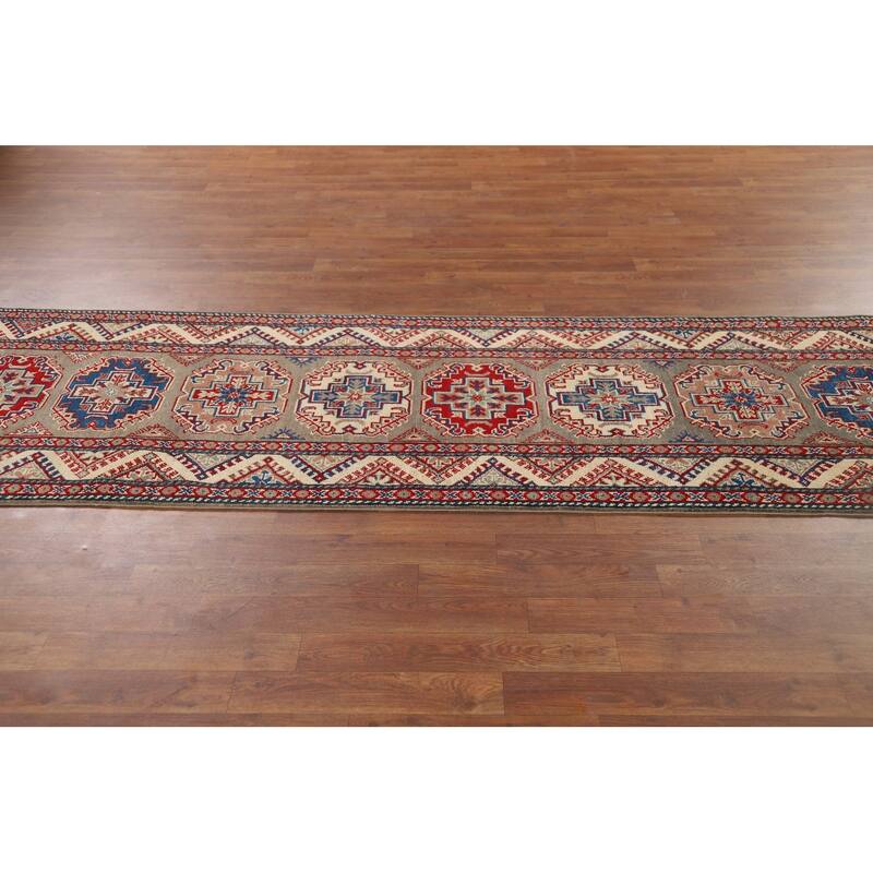 Geometric Brown Kazak Oriental Runner Rug Handmade Wool Carpet - 2'8" x 9'11"