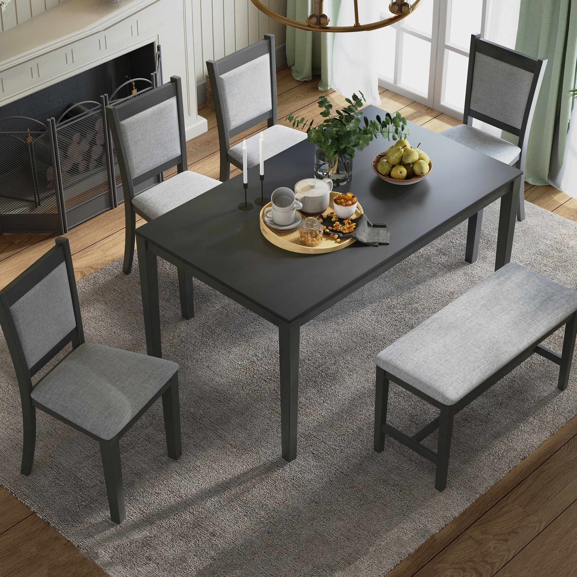 Classic and Traditional Style 6 Piece Wooden Dining Table Set with