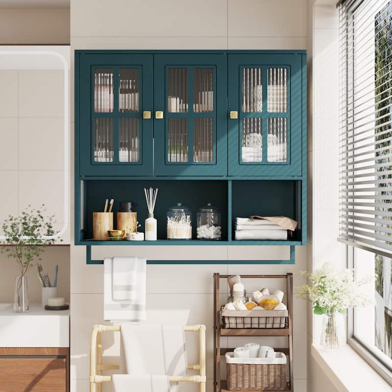 Modern 2 Door/3 Doors Wall Cabinet with 2-tier Enclosed Storage, 1 Open Shelf, and Towel Rack -  Dark Green-3 Doors