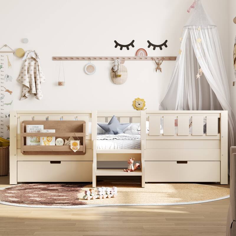 Full/Twin Loft Bed with Storage Drawers, Safety Staircase & Rails