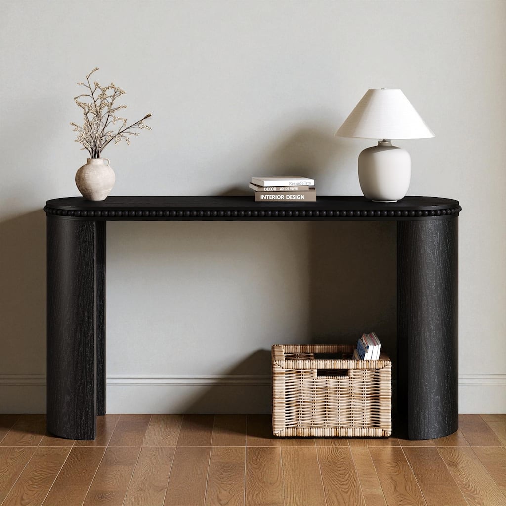 Mirod Vintage Console Table with Beaded Trim and Reversible Curved Legs, Natural Wood Veneer Entryway Accent Table