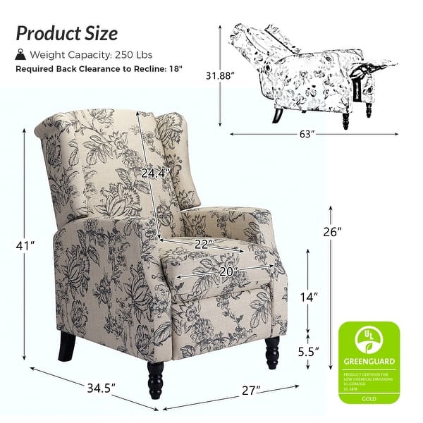 dimension image slide 8 of 9, Damaris Mid-Century Modern Manual Pushback Recliner with Wingback Design by HULALA HOME