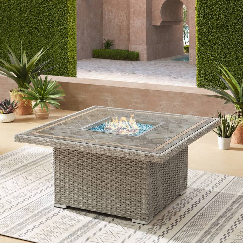 Corvus Duff 1-piece Square Wicker Patio Fire Pit Table with Ceramic Tile Top and Lid