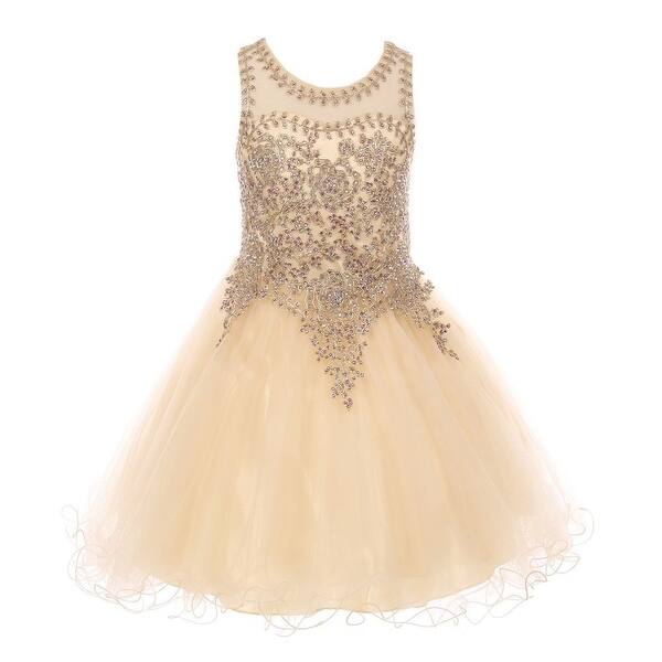 Shop Little Girls Champagne Gold Coil Lace Ab Rhinestone Flower