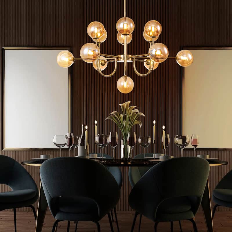 13-Light Modern Amber/ Smoke Grey Cluster Glass Globe Bubble Chandelier Tiered Sputnik Glass Magic Bean Molecule Ceiling Light