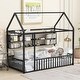 preview thumbnail 61 of 70, Metal House Bed with Metal Grid and Storage Shelves, Twin/Full Size Floor Montessori Bed with Roof Frame and Fence Guardrails Black - Twin