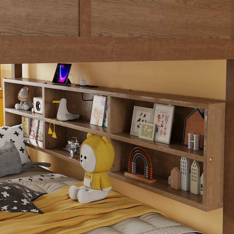 Bunk Bed with Built-in Storage Cabinets and Charging Station,Queen Over Queen