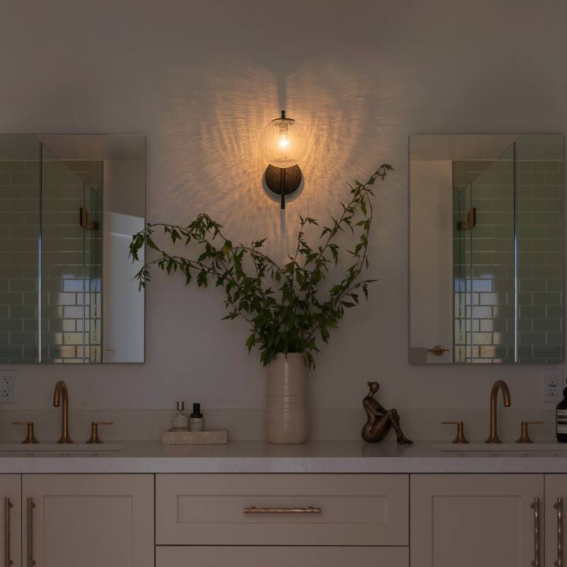 Modern Matte Black Metal Wall Sconce Round Clear Cracked Glass Shade