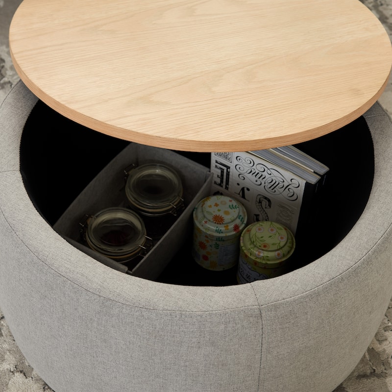 Round Storage Ottoman, Upholstered Coffee Table with Wooden Reversible Lid, 2 in 1 Function Foot Stool for Living Room, Office
