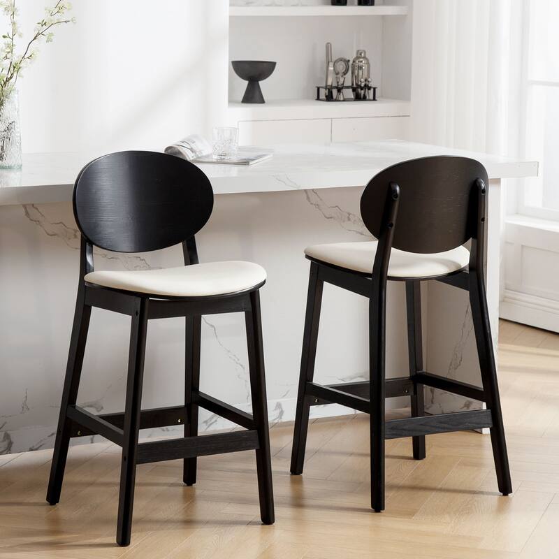 26-Inch Upholstered Wood Counter Stool/ Barstools - 37.4"H x 17.3"W x 18.7"D - Set of 2 - Cream