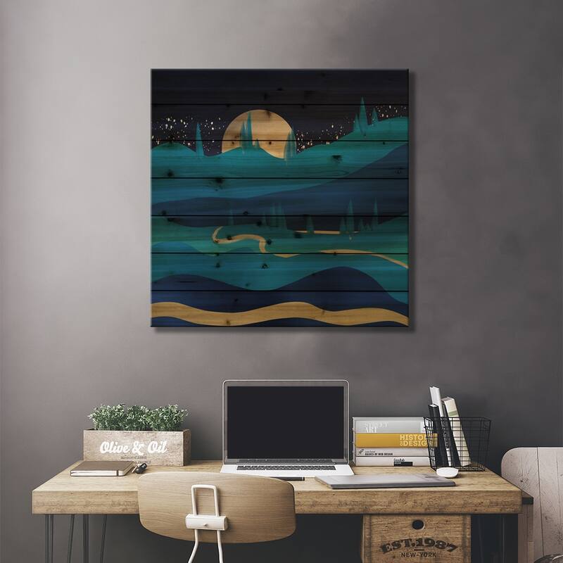 Mountain Road Under The Moonlight Print On Wood by Little Dean - Multi-Color