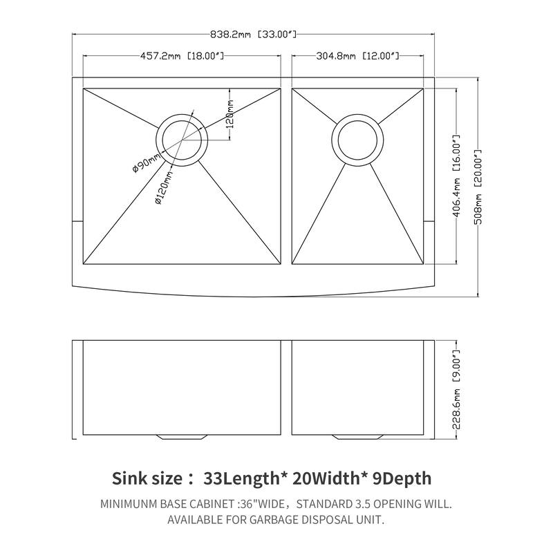 Double Bowl Sink Undermount Apron Front Double Bowl Kitchen Sink 16 Gauge with Two 9" Deep Basin