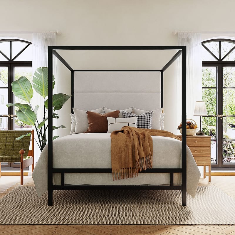 Metal Canopy Bed with Upholstered Wingback Headboard, Modern Platform 4-poster Bed Frame, Box Spring Needed