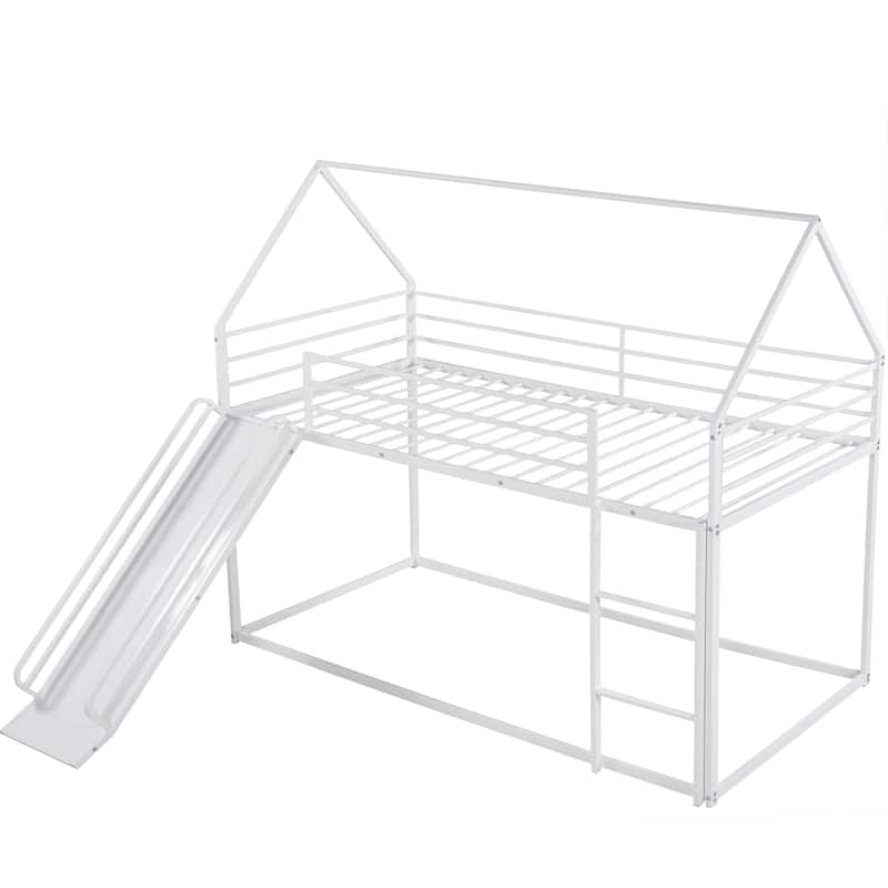Twin over Twin House Bunk Bed with Ladder and Slide, White