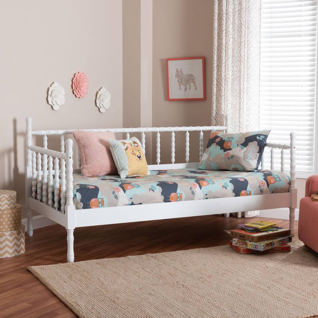 Laurent Daybed - Spindle Platform Bed Frame with Bamboo-Style Turned Posts, Classic Cottage Farmhouse Furniture, Twin, White