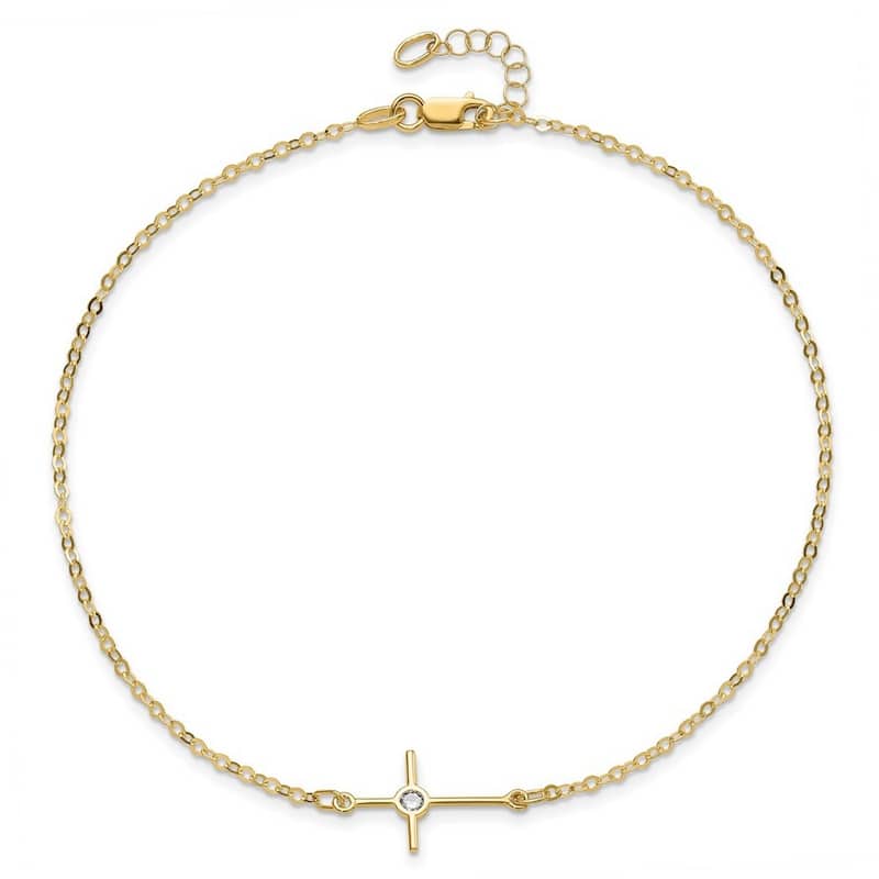 Curata Women's Italian 12.25mm 14k Yellow Gold Polished Cubic Zirconia Cross Anklet - 10 Inch
