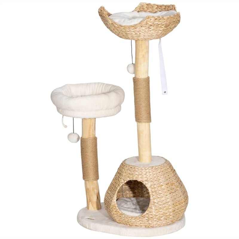 Cat Tree with Pearwood Scratching Post, Soft Cushions, and Removable Beds - 20.9" L x 15.7" W x 40.6" H