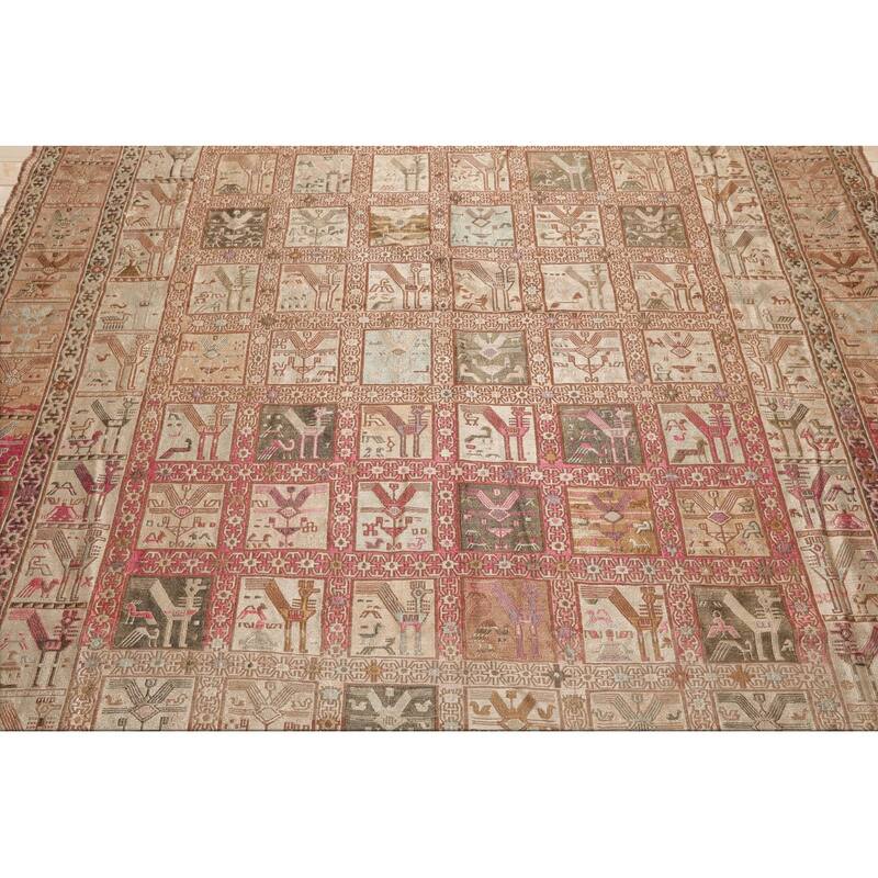 Hand Knotted Beige Authentic Pictorial Soumak Persian Silk Traditional Oriental Area Rug - 6' 8'' x 8' 6''