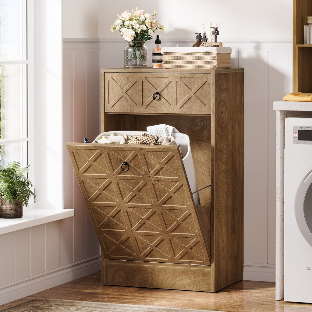 13 Gallon Tilt-Out Laundry Hamper Cabinet with Drawer, Freestanding Hidden Laundry Hamper Storage Unit for Bathroom Laundry Room
