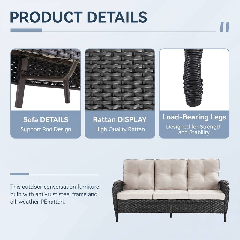 Gymojoy 3-Seat Outdoor Wicker Sofa with Professional Outdoor Cushions