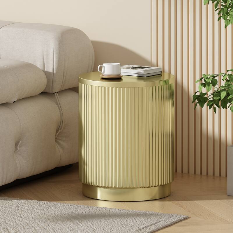 15" Modern Round Side Table with Vertical Stripes and Iron Frame for Living Room or Bedroom - Gold